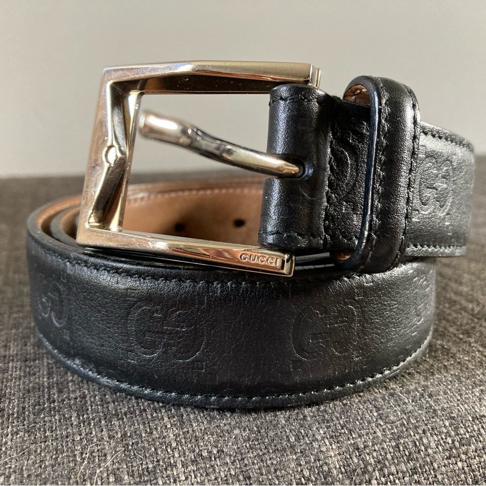 Gucci Embossed Black Leather Belt Size 38